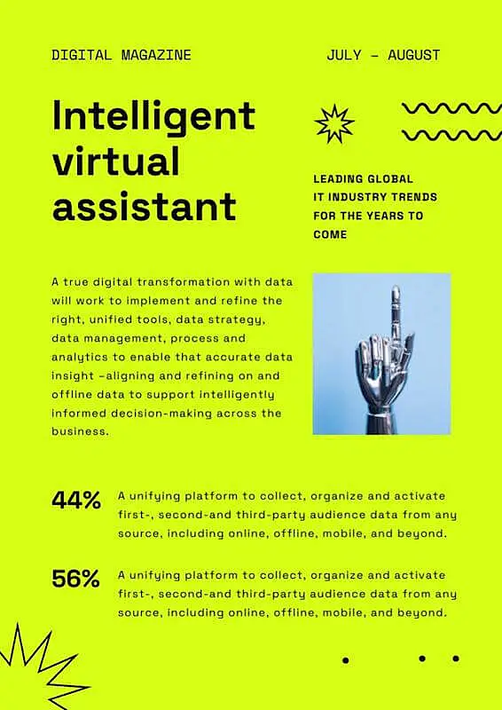 The image shows a newsletter with a neon green background, most of it is formed by text. There is only one image illustrating the newsletter which is metal hand.